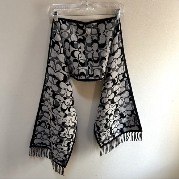 Coach ~Optic Black + Gray Signature C Wool/Cashmere Reversible 72” Scarf Muffler - Picture 4 of 12